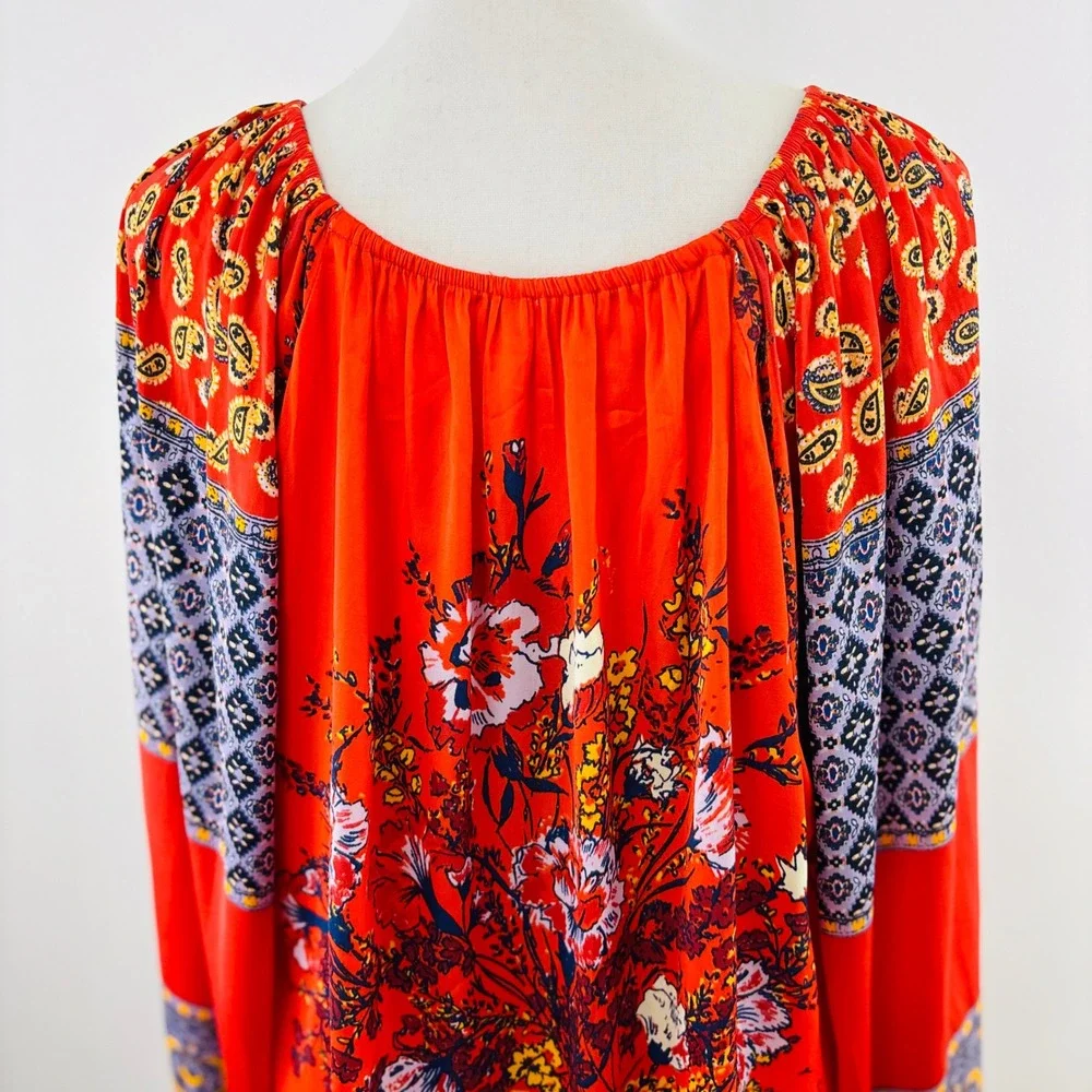 Free People Orange‎ Mixed Floral Paisley Boho Balloon Sleeve Peasant Blouse XS